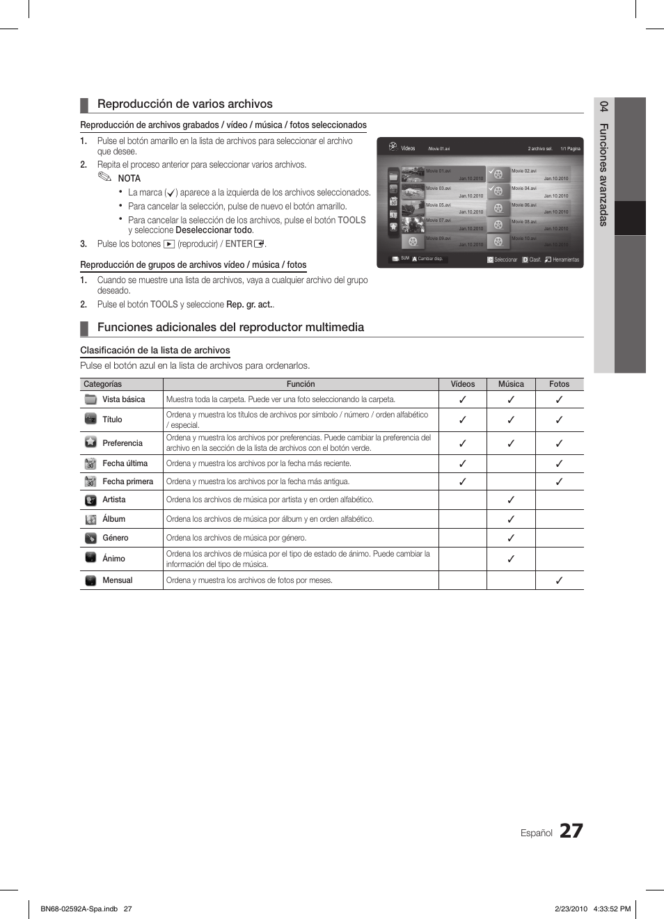 Reproducción de varios archivos, Funciones adicionales del reproductor multimedia | Samsung LE32C450E1W User Manual | Page 105 / 236