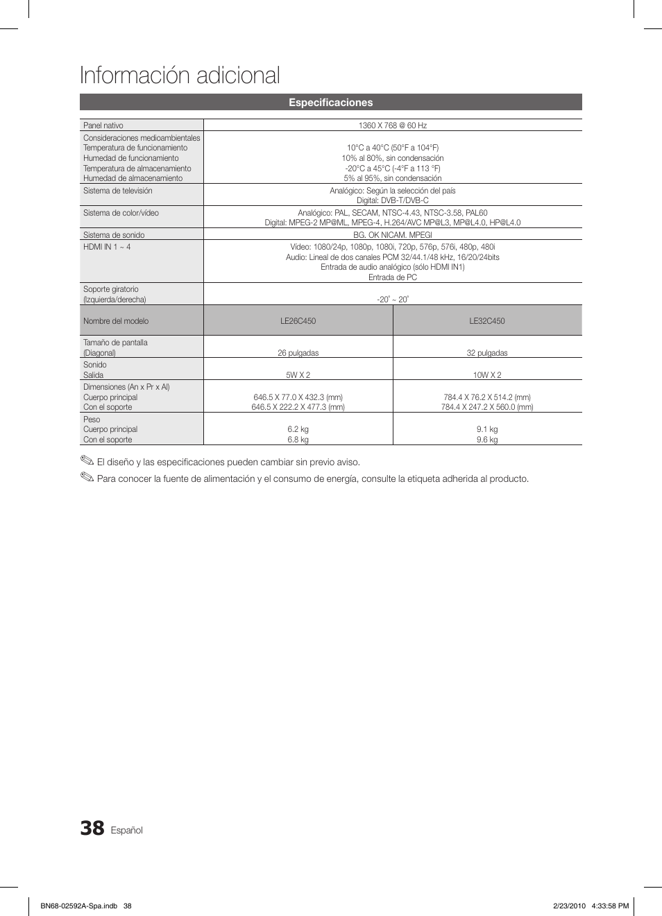 Información adicional | Samsung LE32C450E1W User Manual | Page 116 / 236