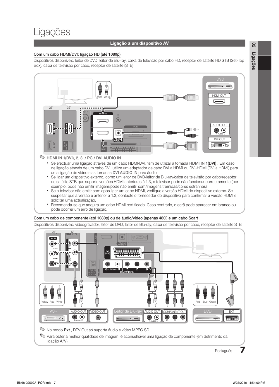 Ligações, 02 ligações ligação a um dispositivo av, Português | Ligação a/v), Leitor de blu-ray dvd vcr | Samsung LE32C450E1W User Manual | Page 124 / 236