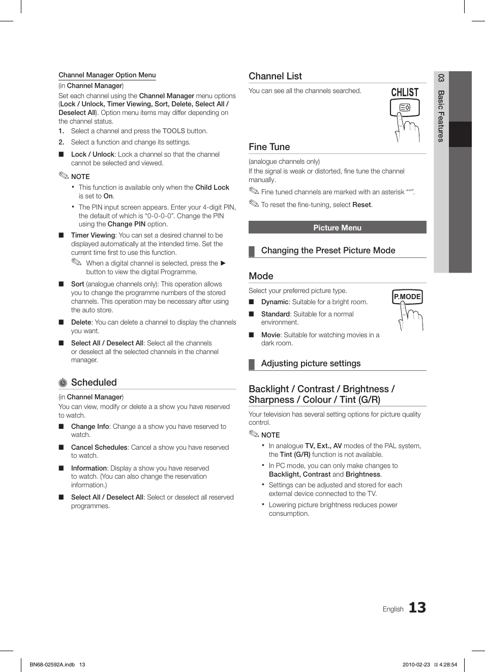 Scheduled, Channel list, Fine tune | Mode | Samsung LE32C450E1W User Manual | Page 13 / 236