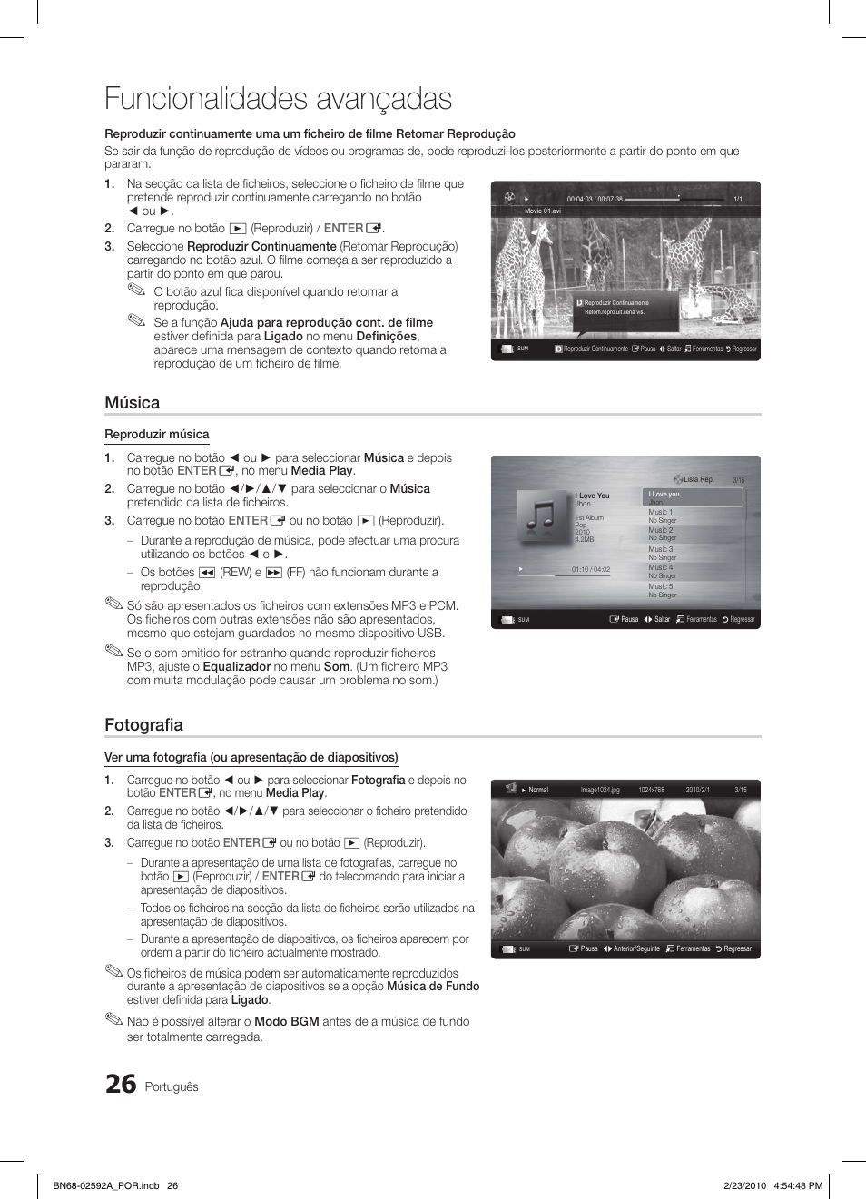 Funcionalidades avançadas, Música, Fotografia | Samsung LE32C450E1W User Manual | Page 143 / 236