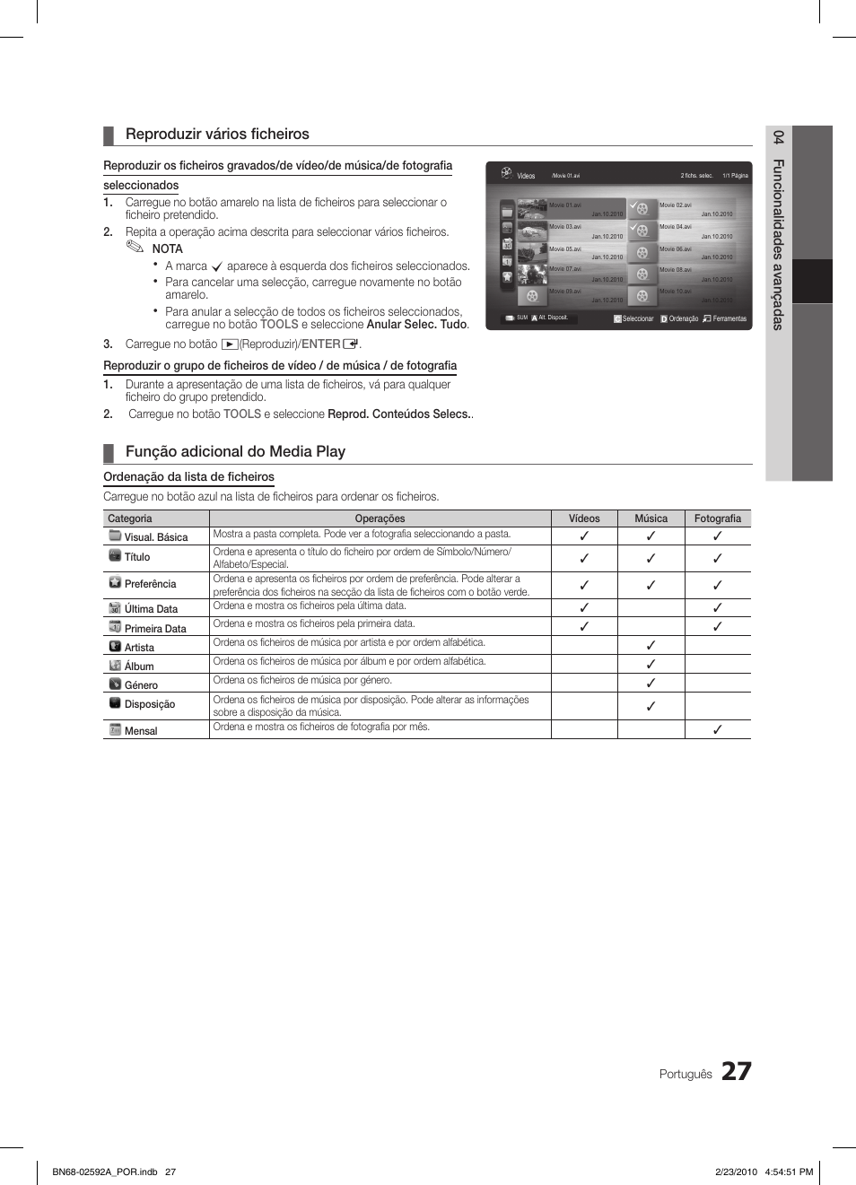 Reproduzir vários ficheiros, Função adicional do media play | Samsung LE32C450E1W User Manual | Page 144 / 236