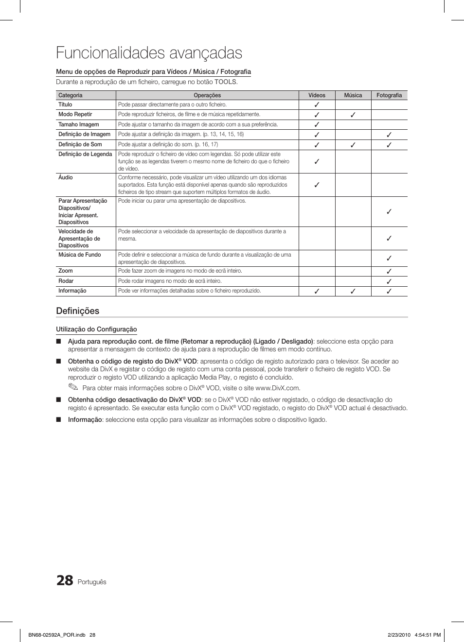 Funcionalidades avançadas, Definições | Samsung LE32C450E1W User Manual | Page 145 / 236