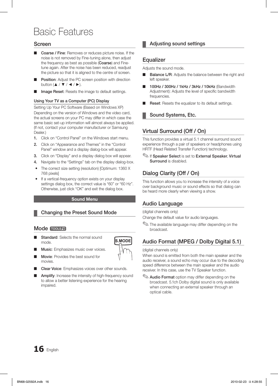 Basic features, Screen, Mode | Equalizer, Virtual surround (off / on), Dialog clarity (off / on), Audio language, Audio format (mpeg / dolby digital 5.1) | Samsung LE32C450E1W User Manual | Page 16 / 236