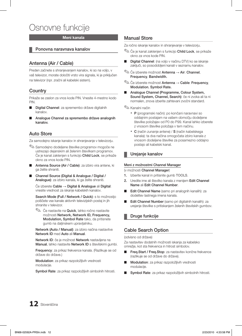 Osnovne funkcije, Antenna (air / cable), Country | Auto store, Manual store, Cable search option | Samsung LE32C450E1W User Manual | Page 168 / 236