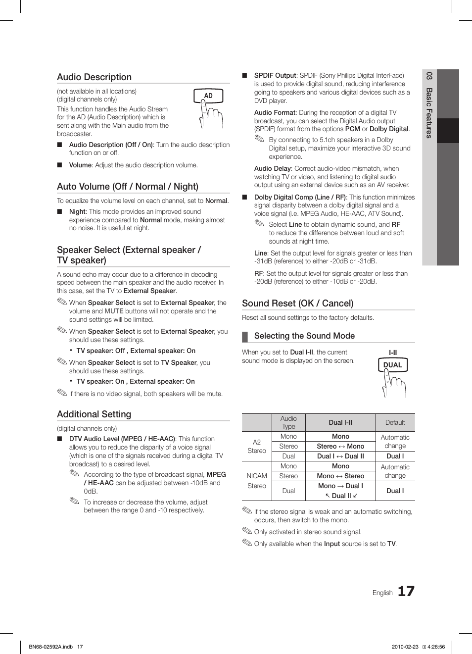 Audio description, Auto volume (off / normal / night), Speaker select (external speaker / tv speaker) | Additional setting, Sound reset (ok / cancel) | Samsung LE32C450E1W User Manual | Page 17 / 236