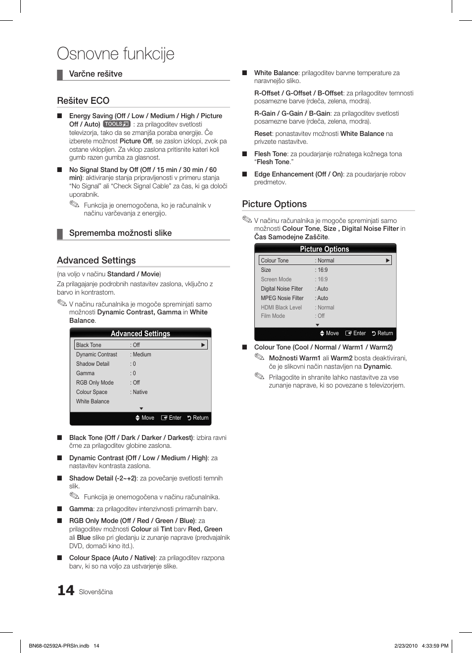 Osnovne funkcije, Rešitev eco, Advanced settings | Picture options | Samsung LE32C450E1W User Manual | Page 170 / 236