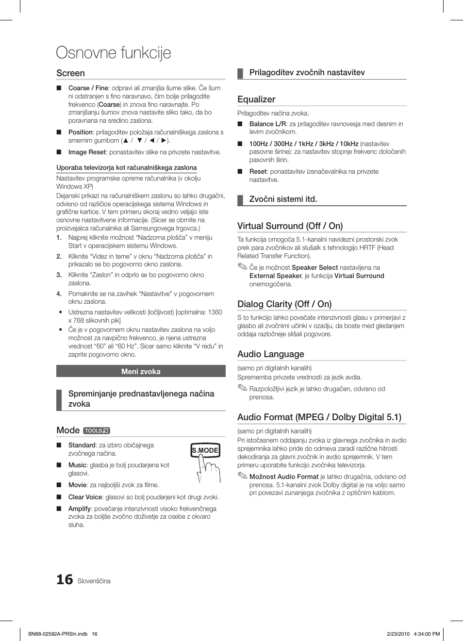 Osnovne funkcije, Screen, Mode | Equalizer, Virtual surround (off / on), Dialog clarity (off / on), Audio language, Audio format (mpeg / dolby digital 5.1) | Samsung LE32C450E1W User Manual | Page 172 / 236