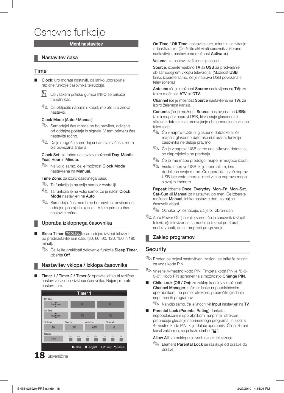 Osnovne funkcije, Time, Security | Samsung LE32C450E1W User Manual | Page 174 / 236