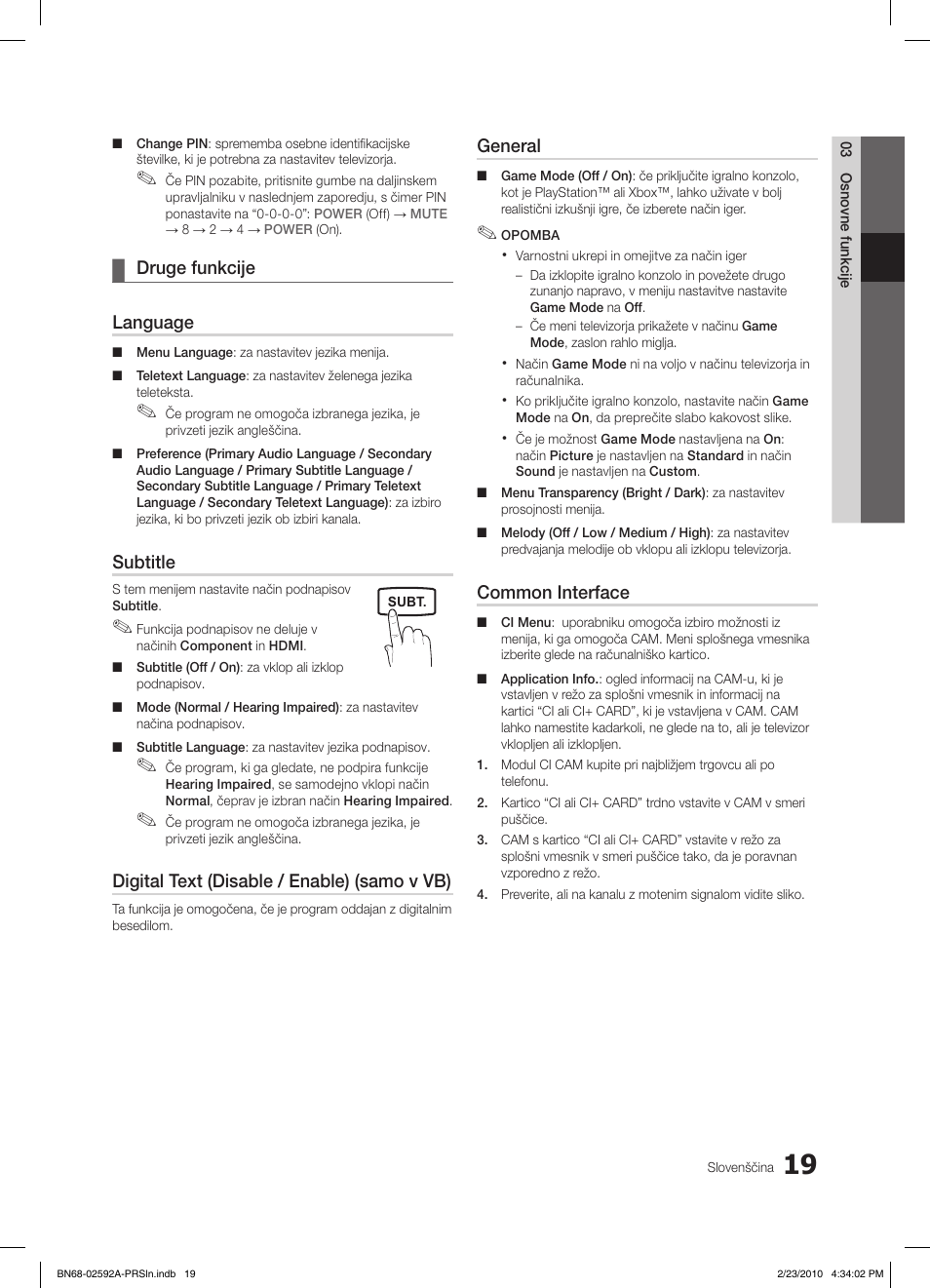 Druge funkcije ¦ language, Subtitle, Digital text (disable / enable) (samo v vb) | General, Common interface | Samsung LE32C450E1W User Manual | Page 175 / 236