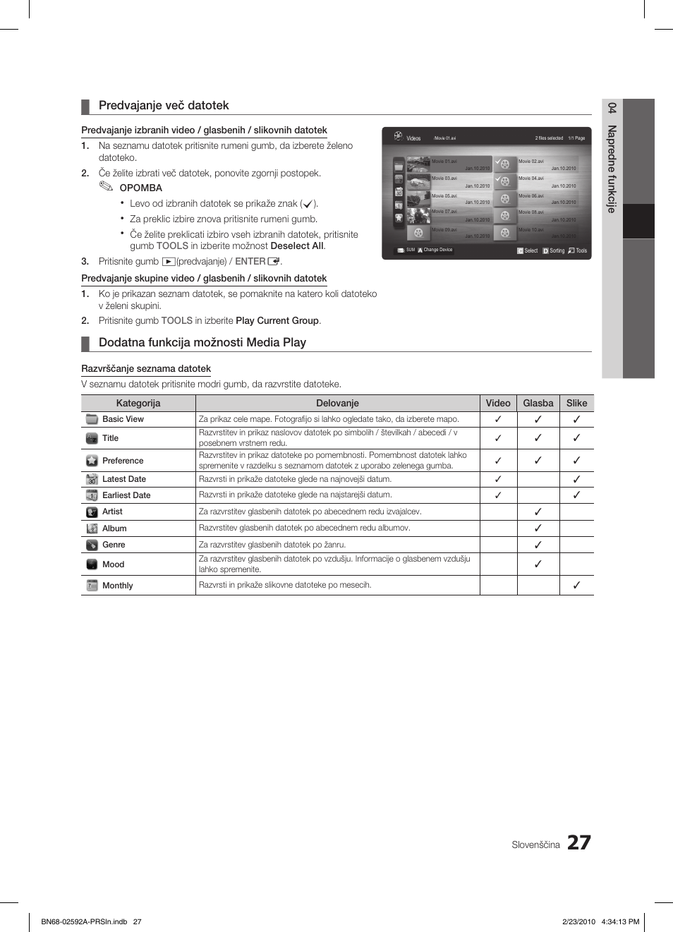 Predvajanje več datotek, Dodatna funkcija možnosti media play | Samsung LE32C450E1W User Manual | Page 183 / 236