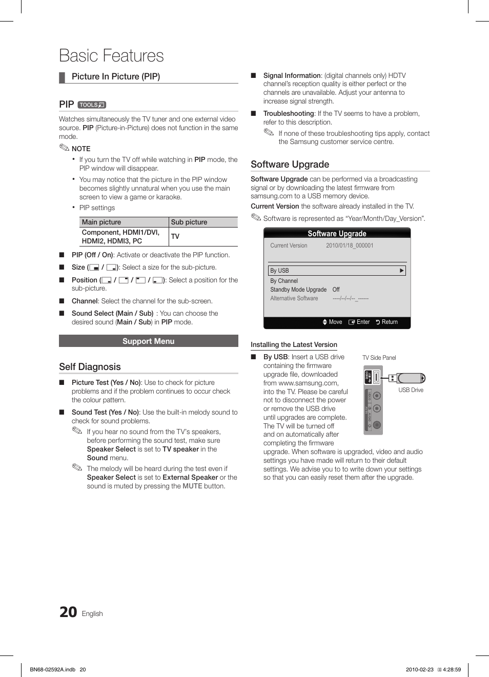 Basic features, Self diagnosis, Software upgrade | Samsung LE32C450E1W User Manual | Page 20 / 236