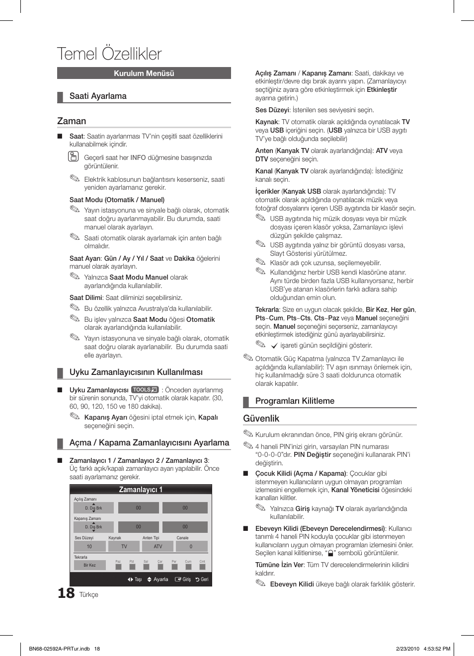 Temel özellikler, Zaman, Güvenlik | Samsung LE32C450E1W User Manual | Page 213 / 236