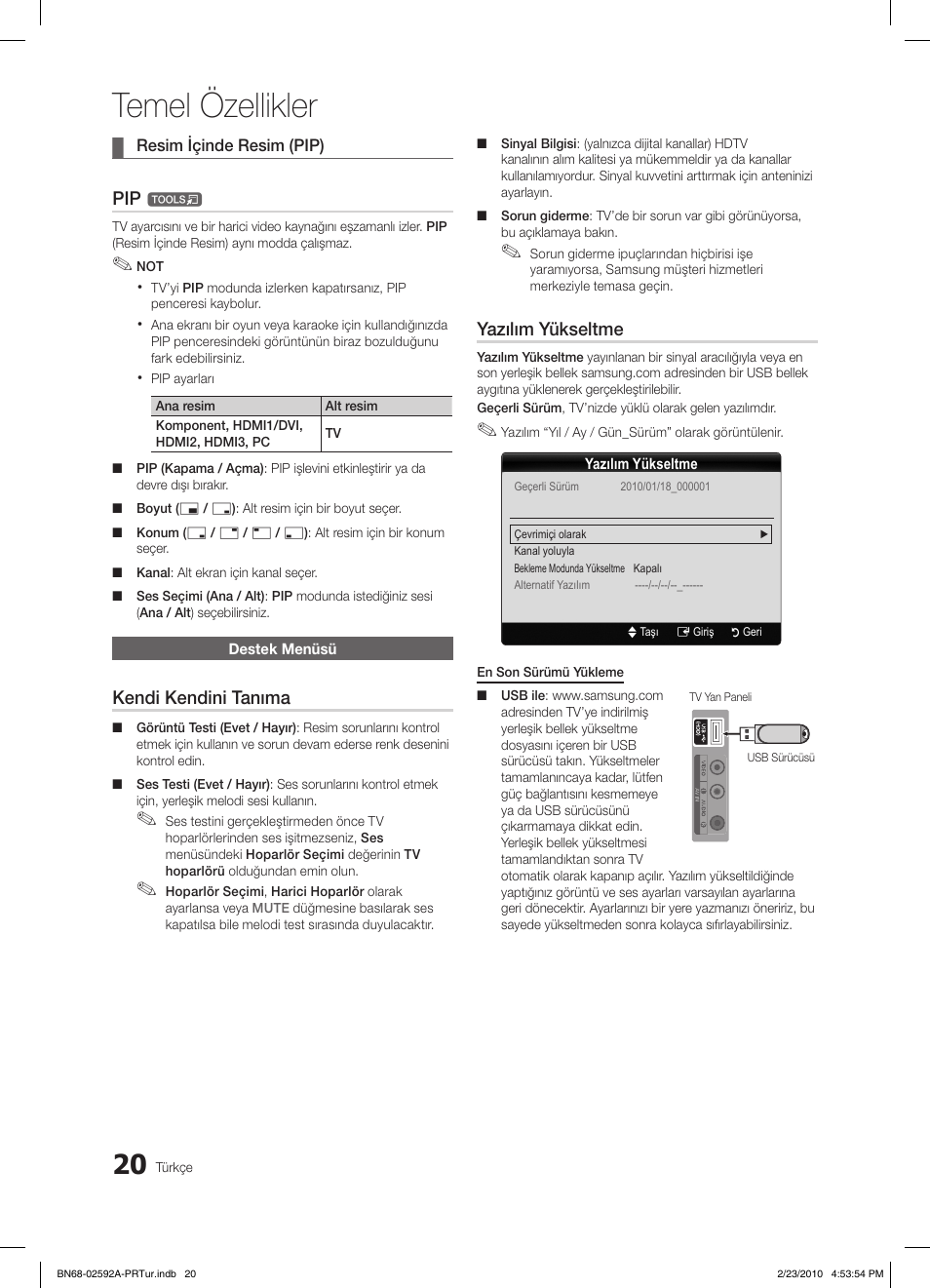 Temel özellikler, Kendi kendini tanıma, Yazılım yükseltme | Samsung LE32C450E1W User Manual | Page 215 / 236