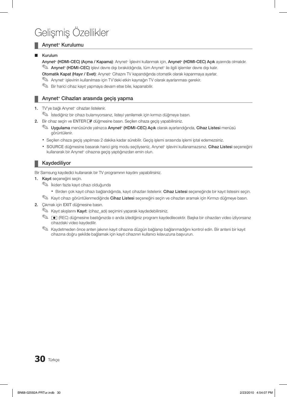 Gelişmiş özellikler | Samsung LE32C450E1W User Manual | Page 225 / 236