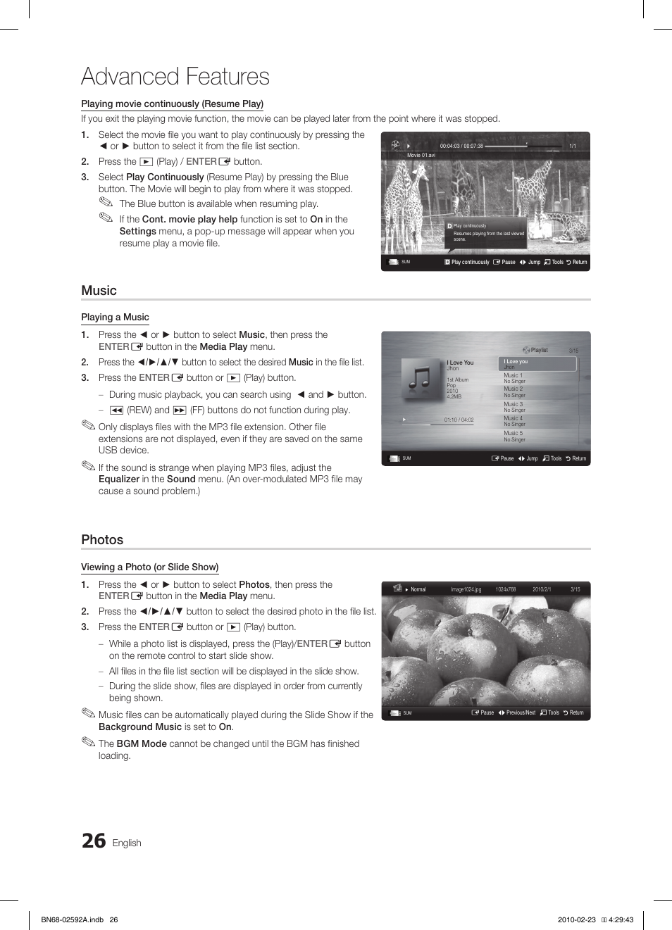 Advanced features, Music, Photos | Samsung LE32C450E1W User Manual | Page 26 / 236