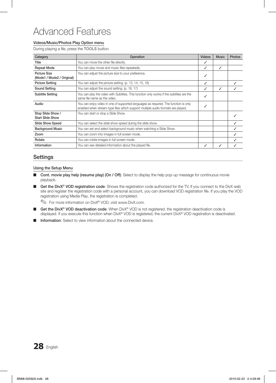 Advanced features, Settings | Samsung LE32C450E1W User Manual | Page 28 / 236