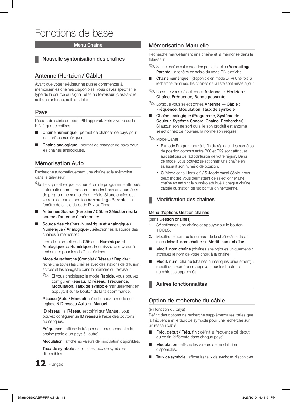Fonctions de base, Antenne (hertzien / câble), Pays | Mémorisation auto, Mémorisation manuelle, Option de recherche du câble | Samsung LE32C450E1W User Manual | Page 51 / 236