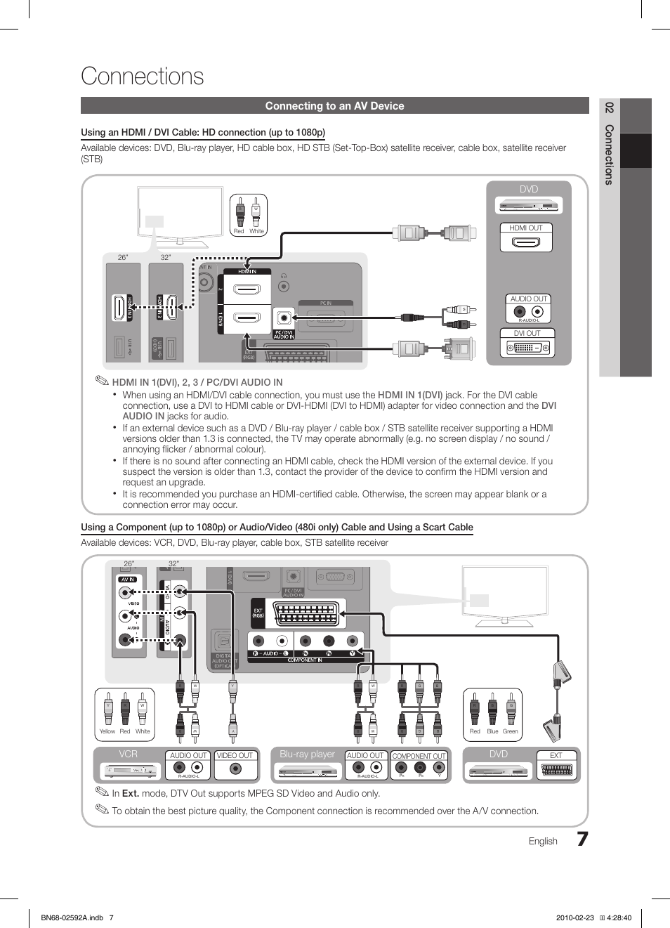 Connections, 02 connections, Connecting to an av device | English, Blu-ray player dvd vcr | Samsung LE32C450E1W User Manual | Page 7 / 236