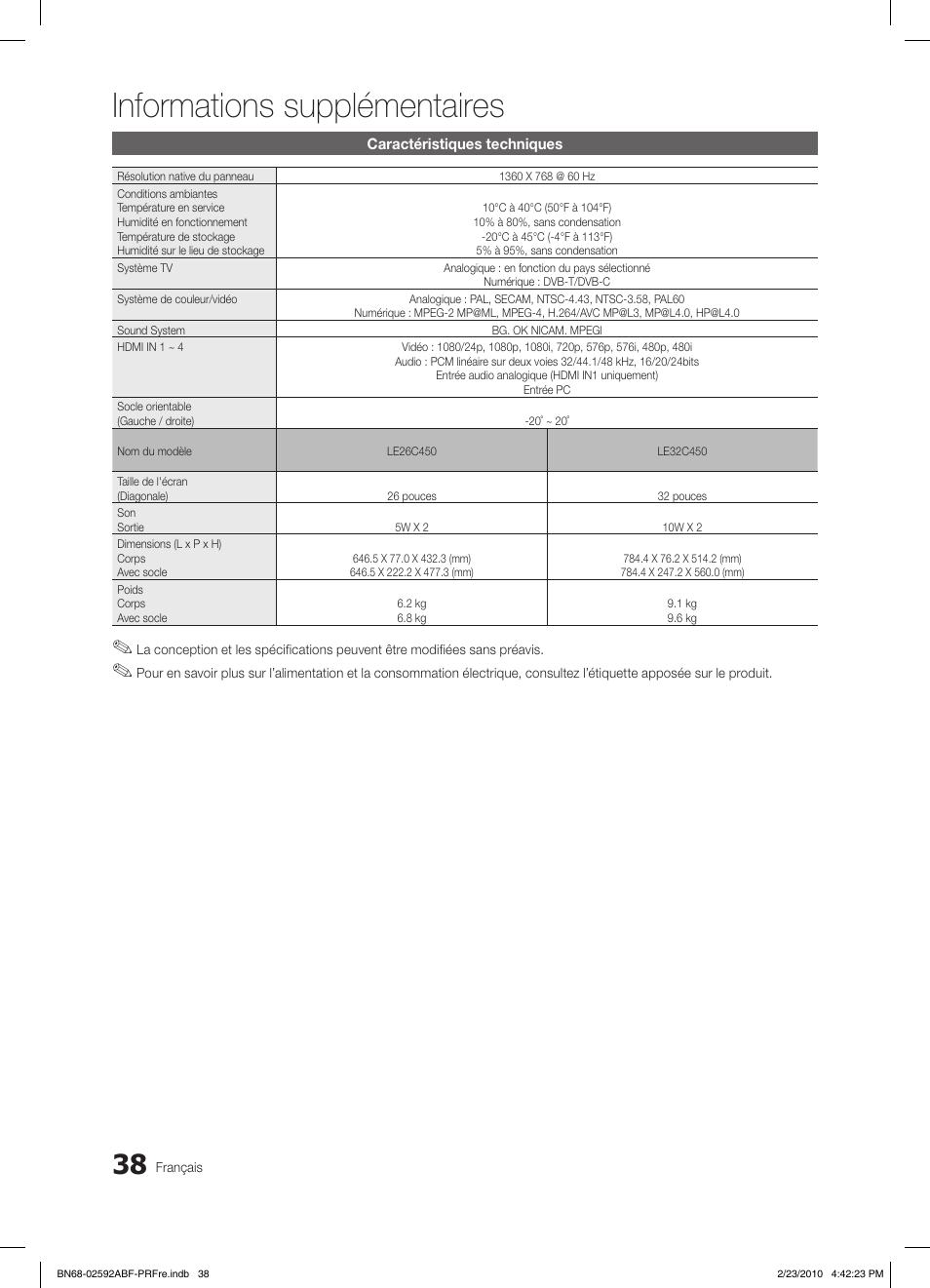 Informations supplémentaires | Samsung LE32C450E1W User Manual | Page 77 / 236