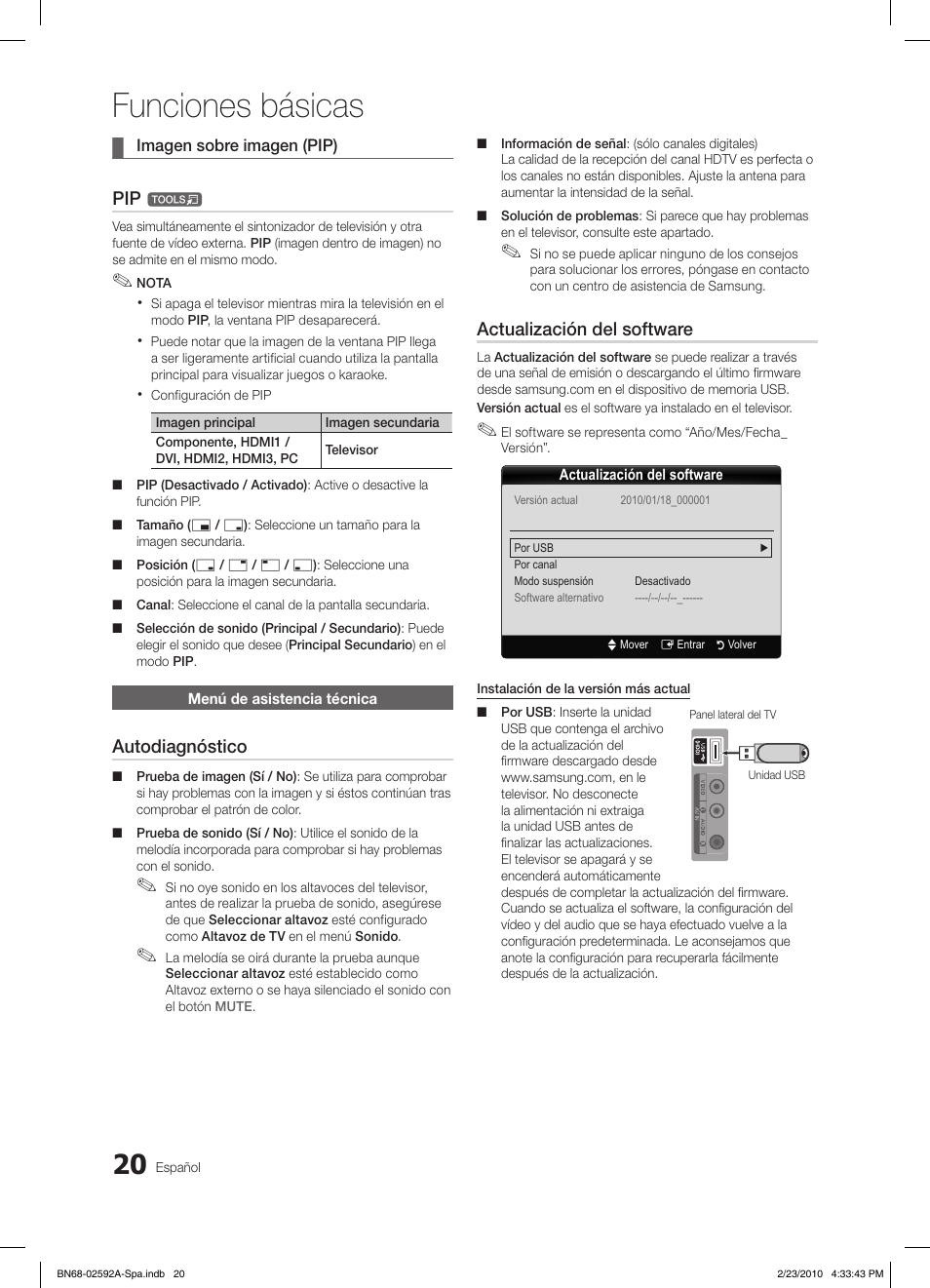 Funciones básicas, Autodiagnóstico, Actualización del software | Samsung LE32C450E1W User Manual | Page 98 / 236