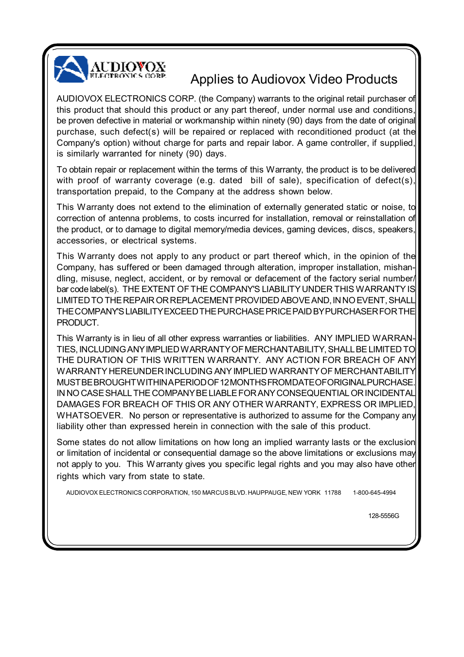 90 day limited warranty, Applies to audiovox video products | Audiovox D1809PK User Manual | Page 34 / 35