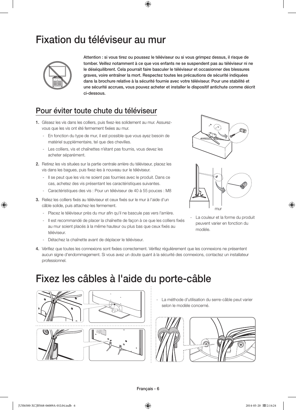 Fixation du téléviseur au mur, Fixez les câbles à l'aide du porte-câble, Pour éviter toute chute du téléviseur | Samsung UE55H6500SL User Manual | Page 28 / 89