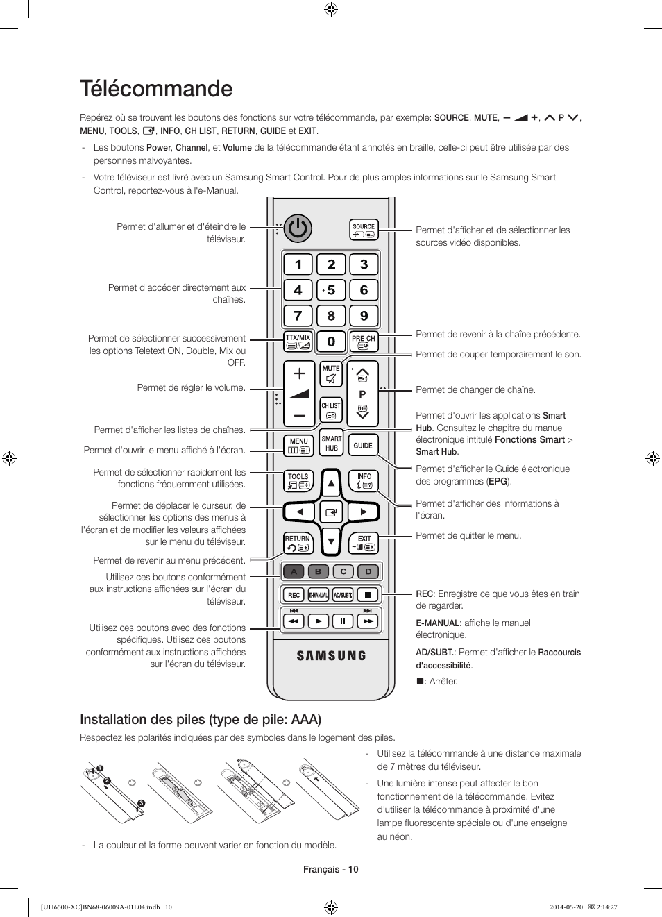 Télécommande, Installation des piles (type de pile: aaa) | Samsung UE55H6500SL User Manual | Page 32 / 89