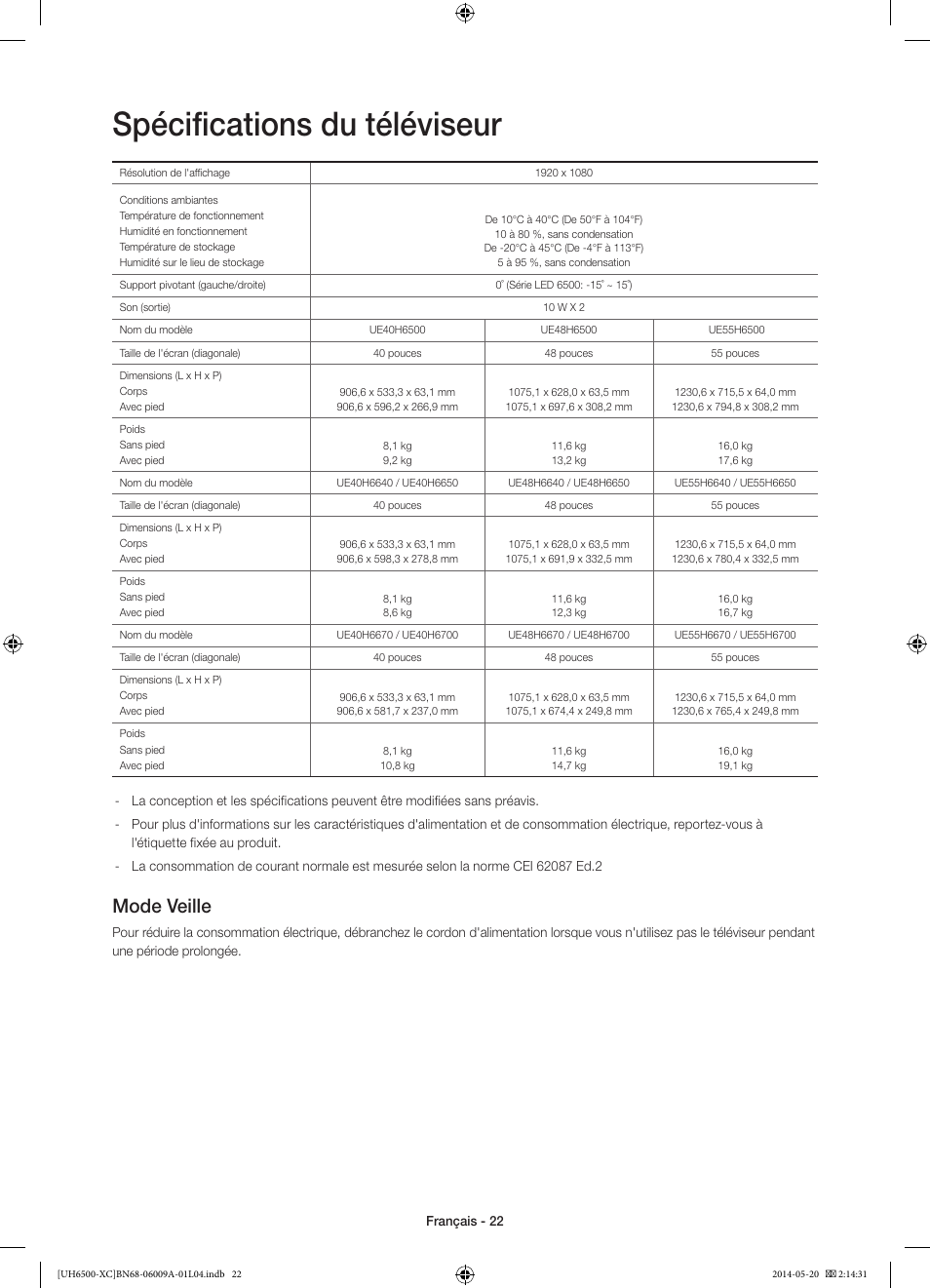 Spécifications du téléviseur, Mode veille | Samsung UE55H6500SL User Manual | Page 44 / 89