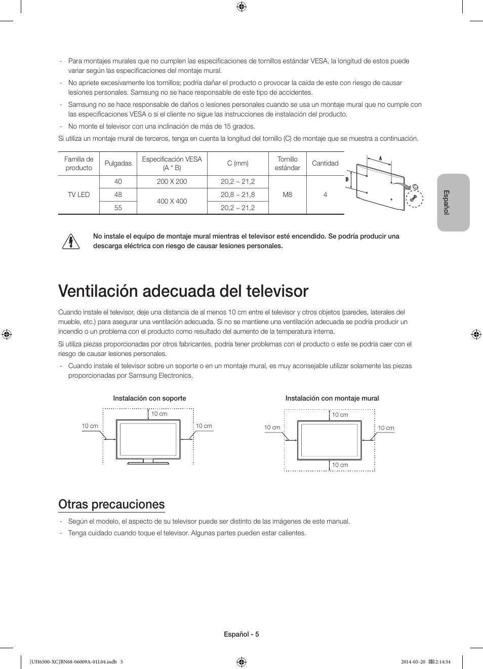 Ventilación adecuada del televisor, Otras precauciones | Samsung UE55H6500SL User Manual | Page 49 / 89