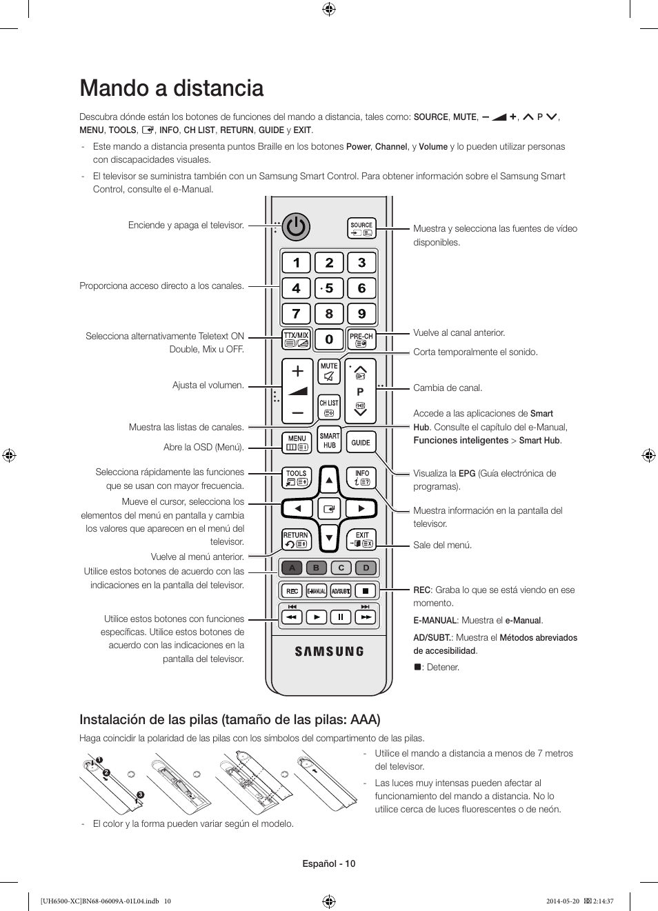 Mando a distancia | Samsung UE55H6500SL User Manual | Page 54 / 89
