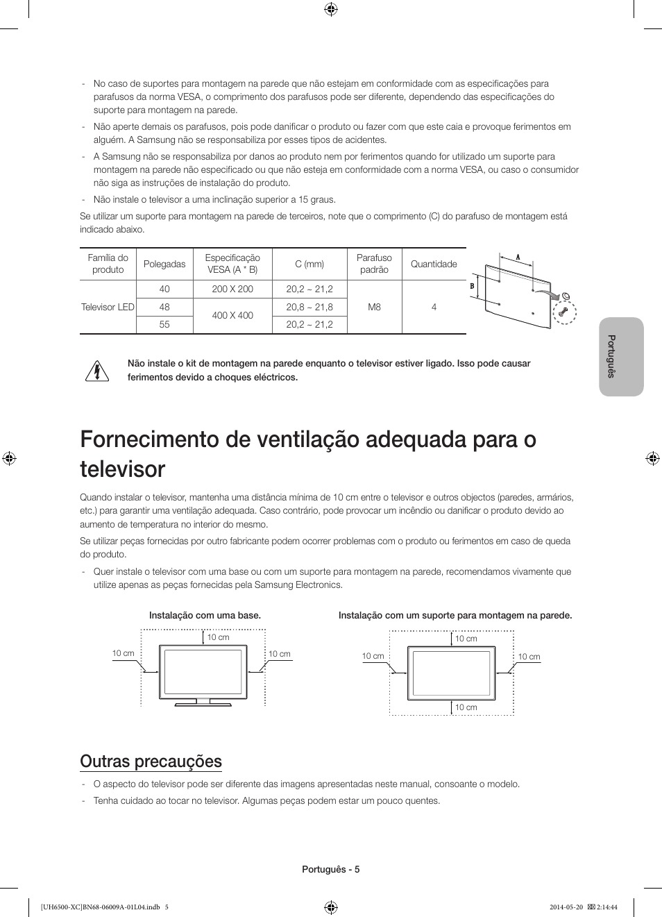 Outras precauções | Samsung UE55H6500SL User Manual | Page 71 / 89