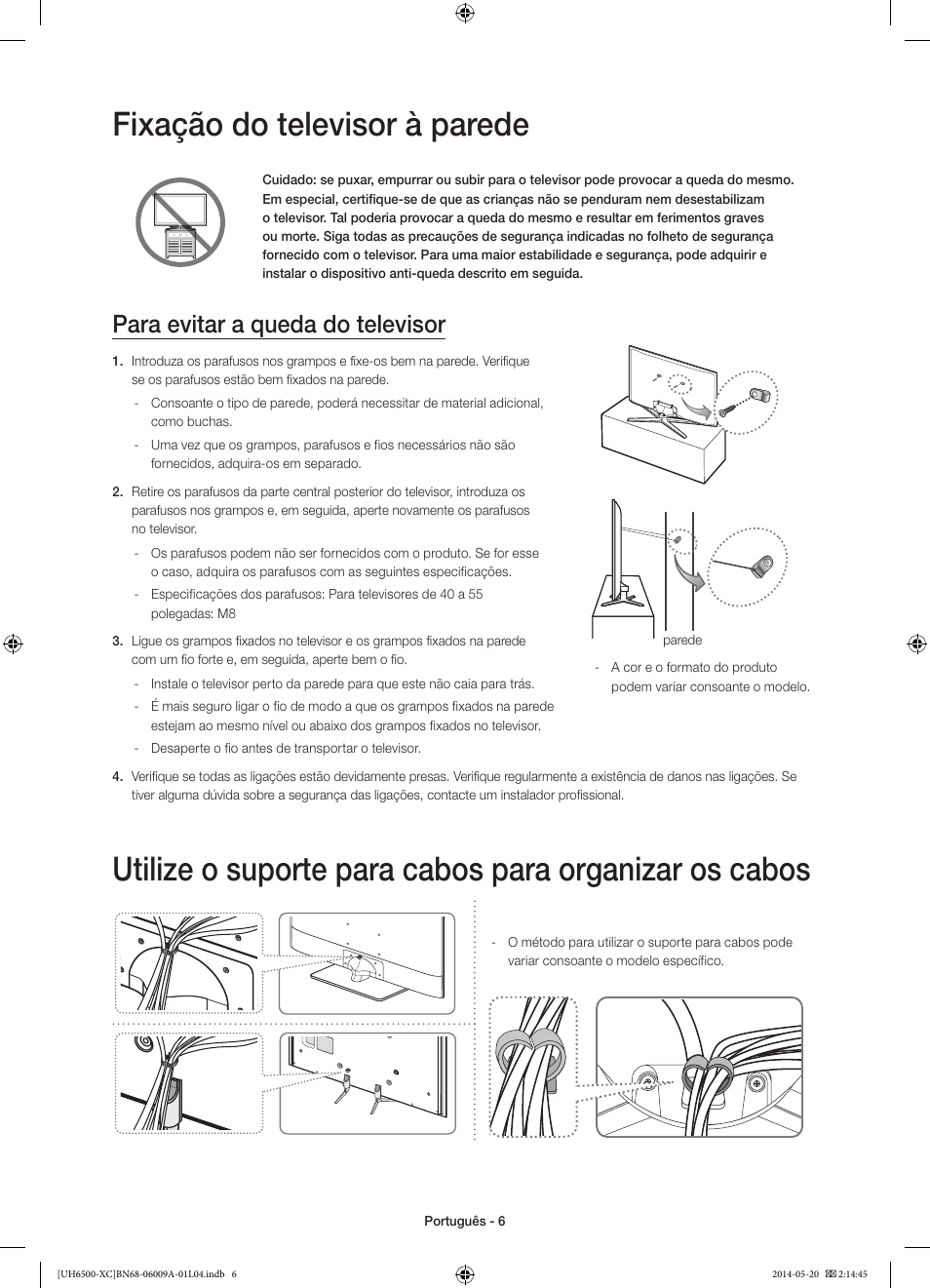 Fixação do televisor à parede, Para evitar a queda do televisor | Samsung UE55H6500SL User Manual | Page 72 / 89
