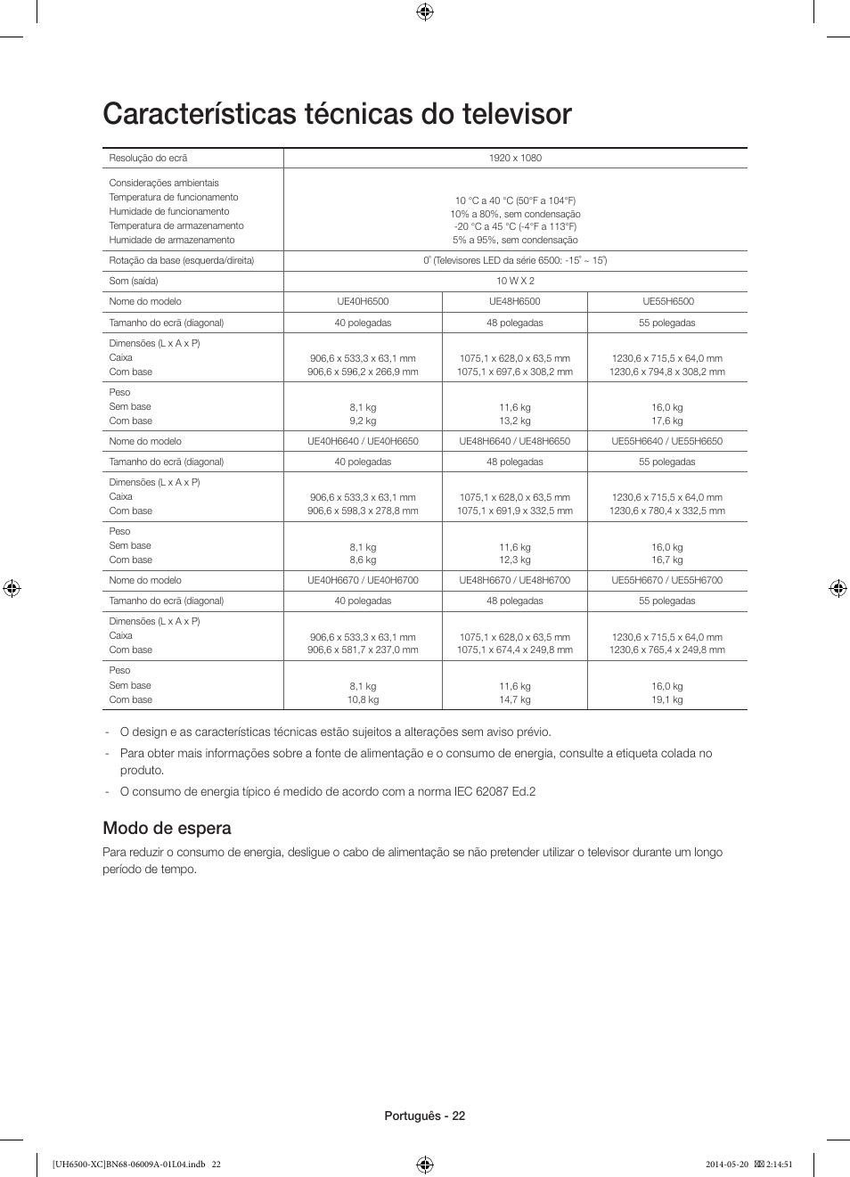 Características técnicas do televisor, Modo de espera | Samsung UE55H6500SL User Manual | Page 88 / 89