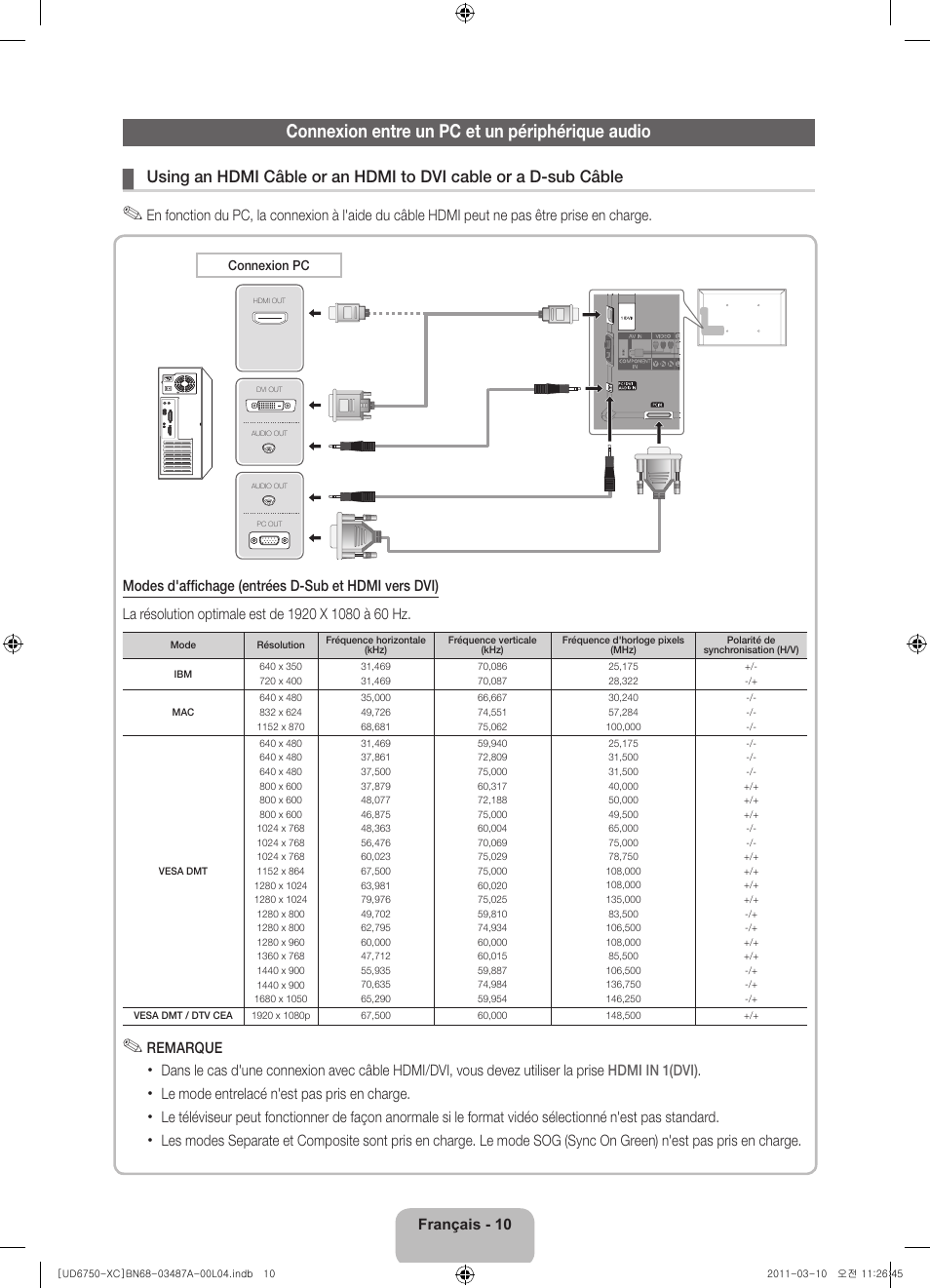 Connexion entre un pc et un périphérique audio | Samsung UE46D6750WS User Manual | Page 32 / 86