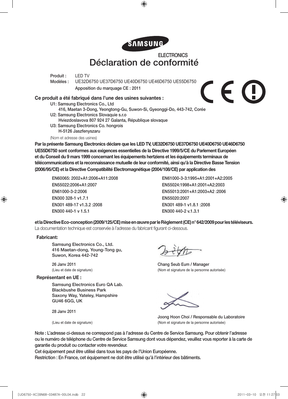 Déclaration de conformité | Samsung UE46D6750WS User Manual | Page 44 / 86