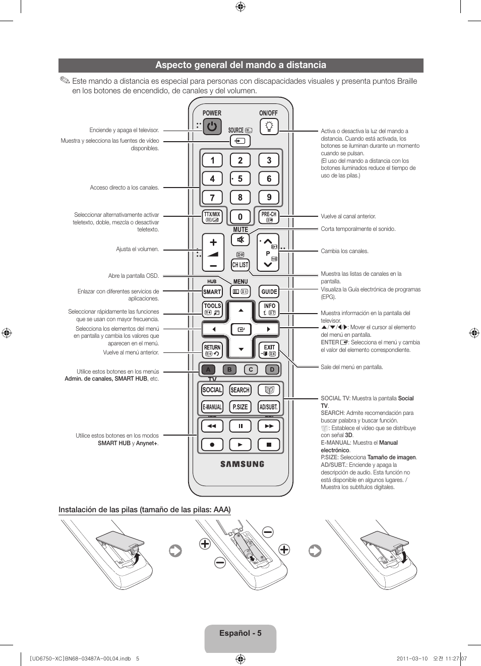 Aspecto general del mando a distancia | Samsung UE46D6750WS User Manual | Page 49 / 86