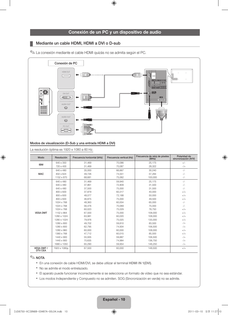 Conexión de un pc y un dispositivo de audio, Mediante un cable hdmi, hdmi a dvi o d-sub | Samsung UE46D6750WS User Manual | Page 54 / 86