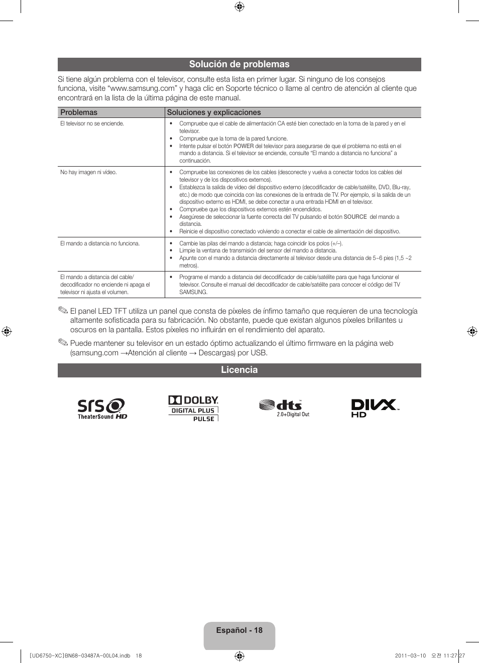 Solución de problemas, Licencia | Samsung UE46D6750WS User Manual | Page 62 / 86