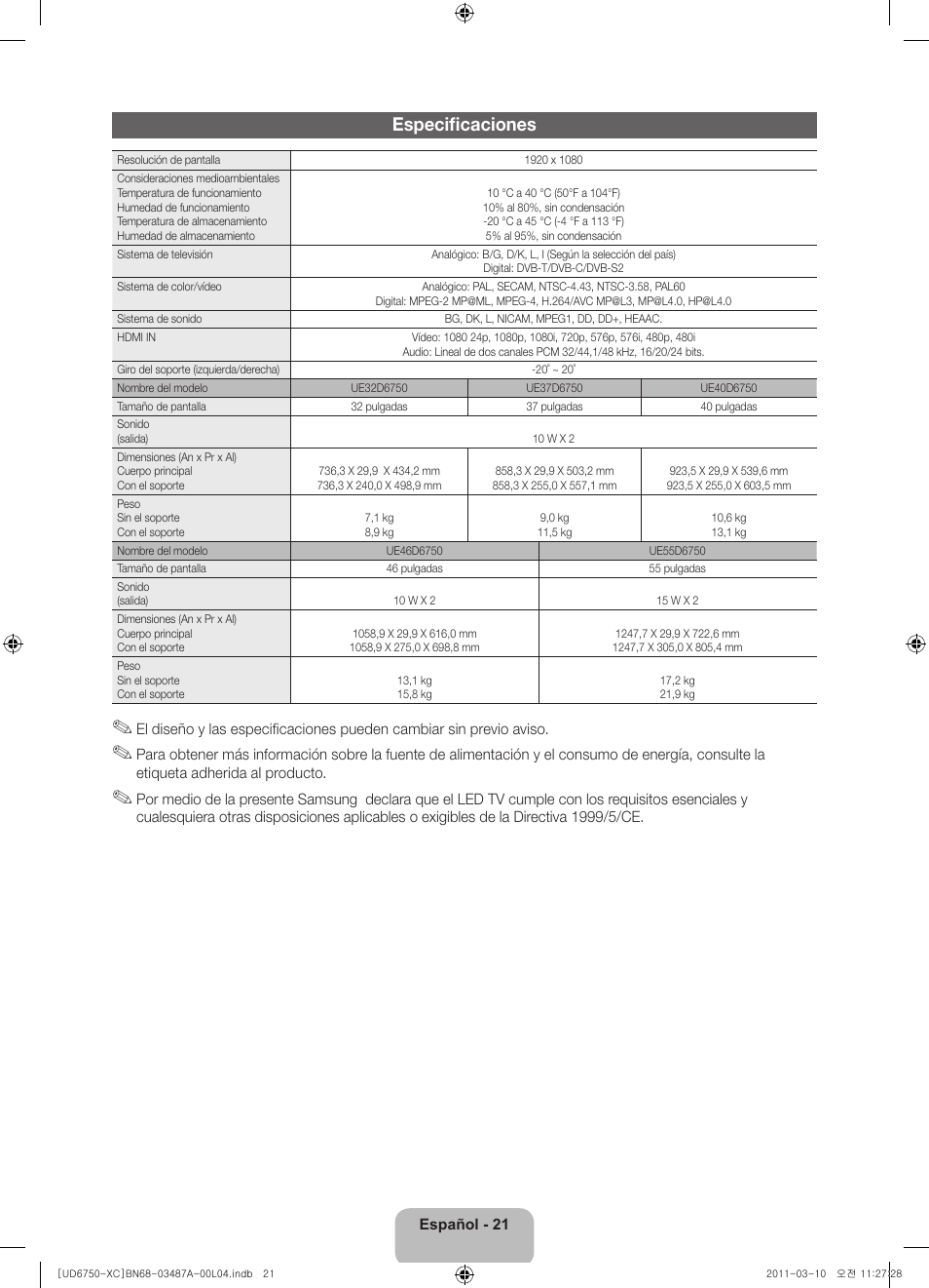 Especificaciones | Samsung UE46D6750WS User Manual | Page 65 / 86