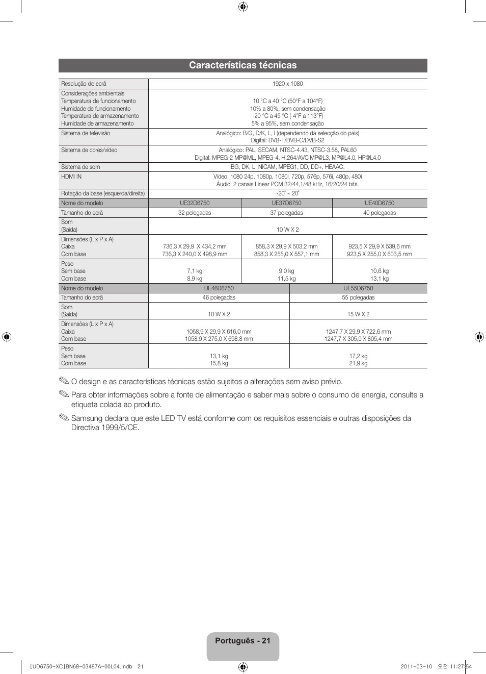 Características técnicas | Samsung UE46D6750WS User Manual | Page 85 / 86