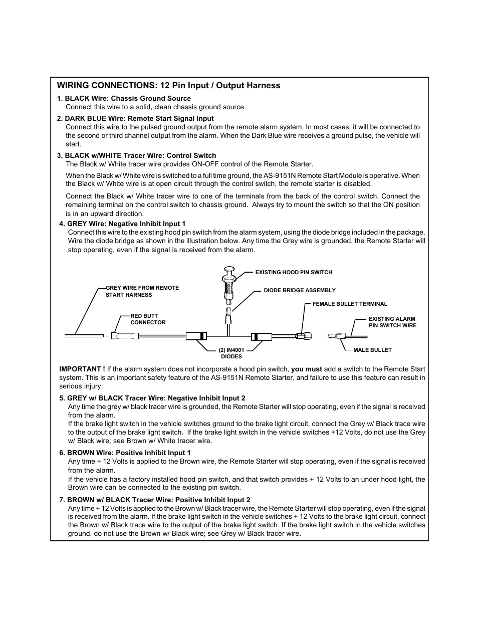 Wiring connections: 12 pin input / output harness | Audiovox AS - 9151N User Manual | Page 3 / 7