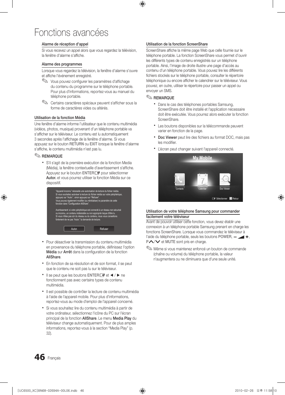 Fonctions avancées | Samsung UE32C6500UW User Manual | Page 104 / 350