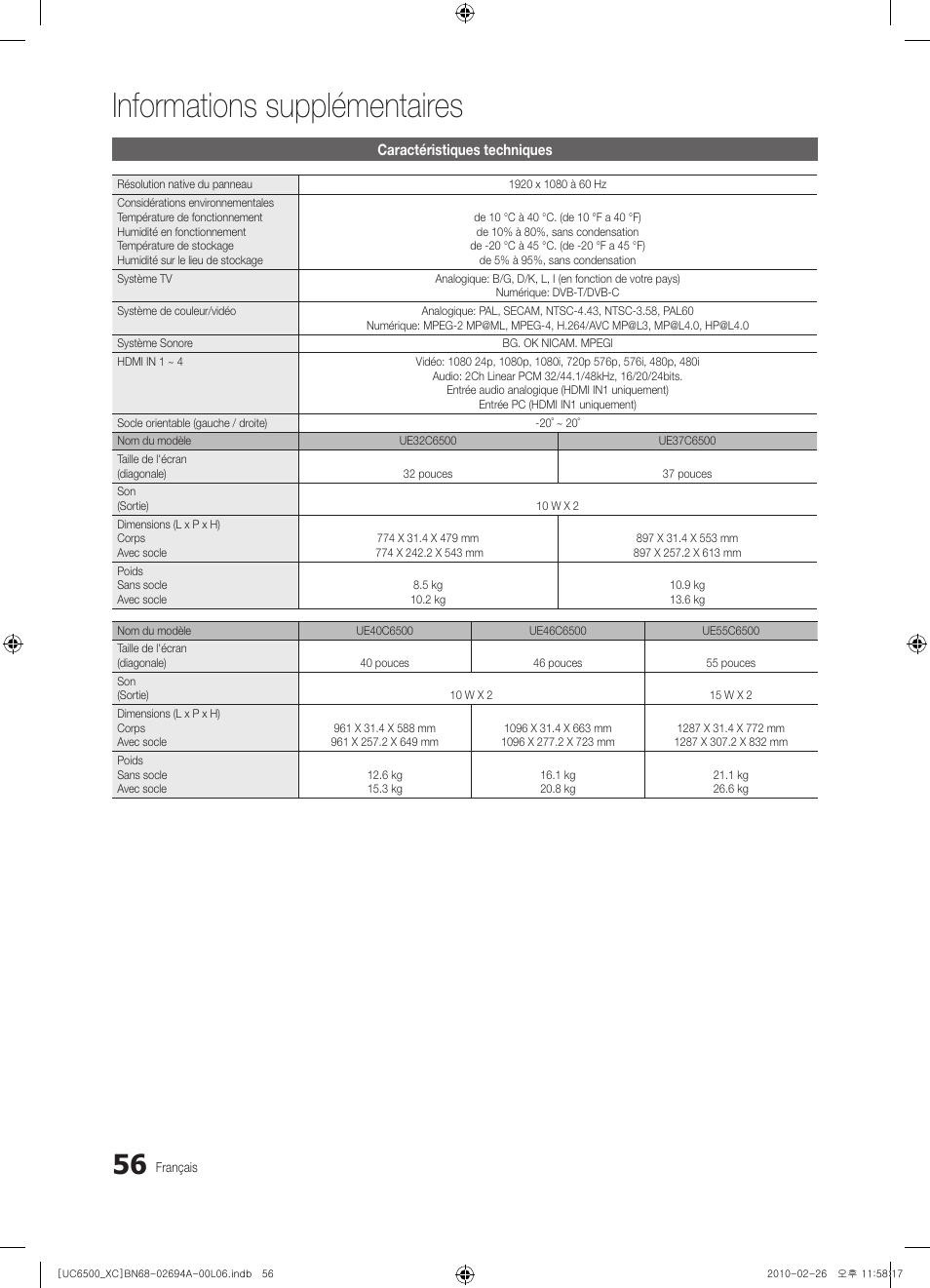 Informations supplémentaires | Samsung UE32C6500UW User Manual | Page 114 / 350