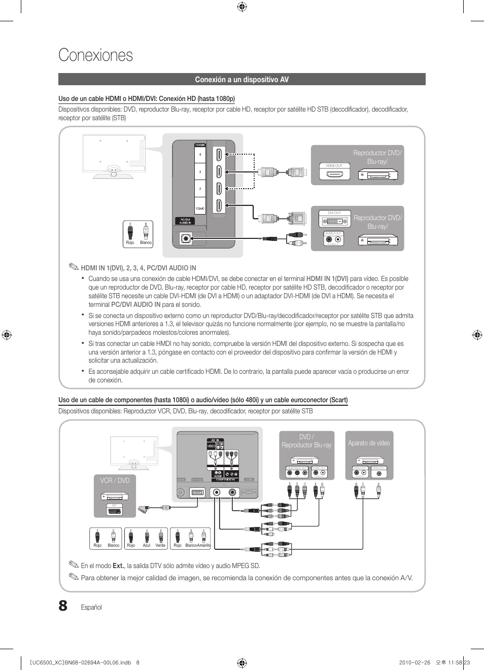 Conexiones, Conexión a un dispositivo av, Español | Hdmi in 1(dvi), 2, 3, 4, pc/dvi audio in, Reproductor dvd/ blu-ray/ reproductor dvd/ blu-ray | Samsung UE32C6500UW User Manual | Page 124 / 350