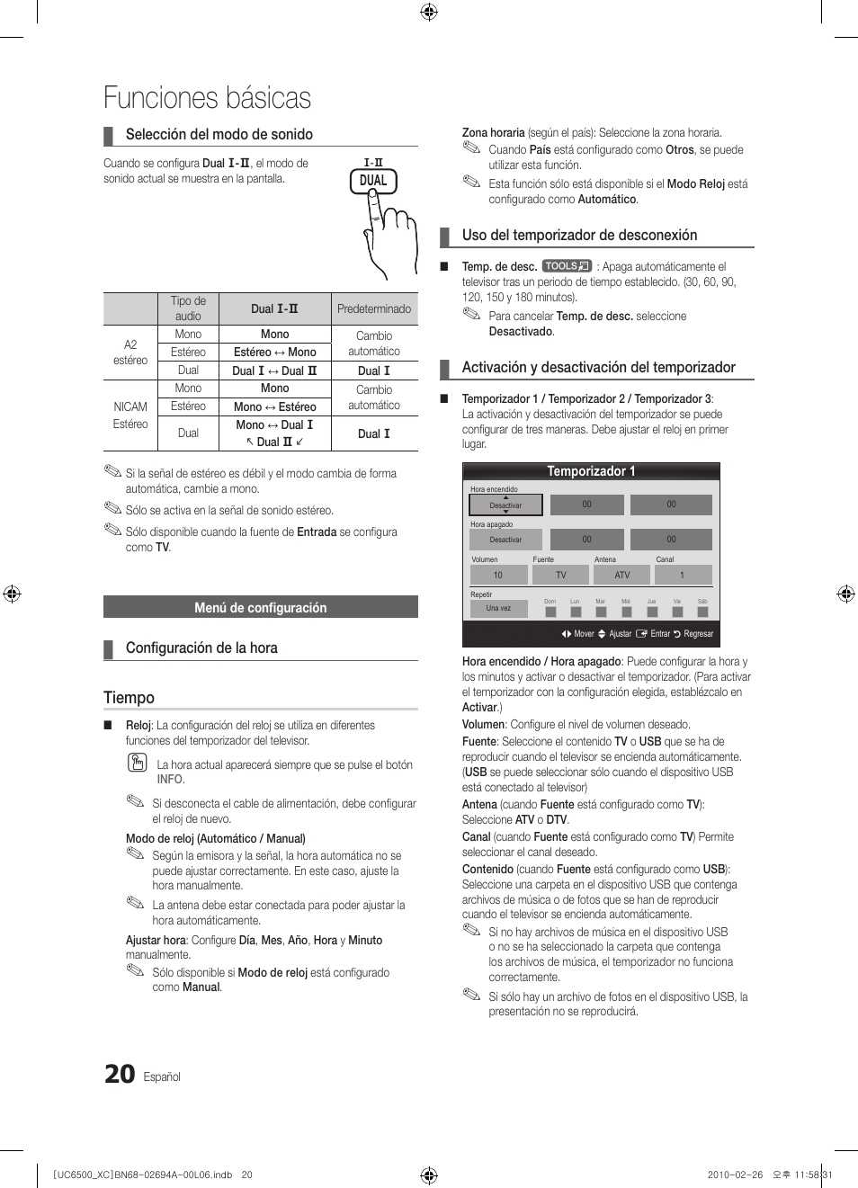 Funciones básicas, Tiempo | Samsung UE32C6500UW User Manual | Page 136 / 350