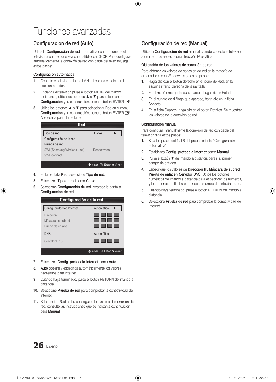 Funciones avanzadas, Configuración de red (auto), Configuración de red (manual) | Samsung UE32C6500UW User Manual | Page 142 / 350