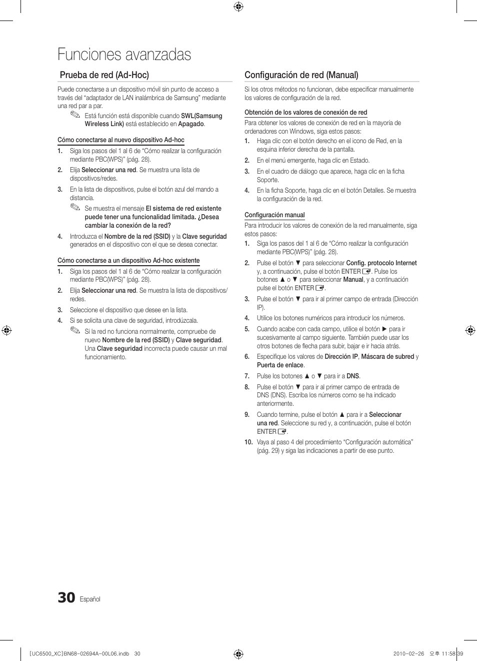 Funciones avanzadas, Prueba de red (ad-hoc), Configuración de red (manual) | Samsung UE32C6500UW User Manual | Page 146 / 350