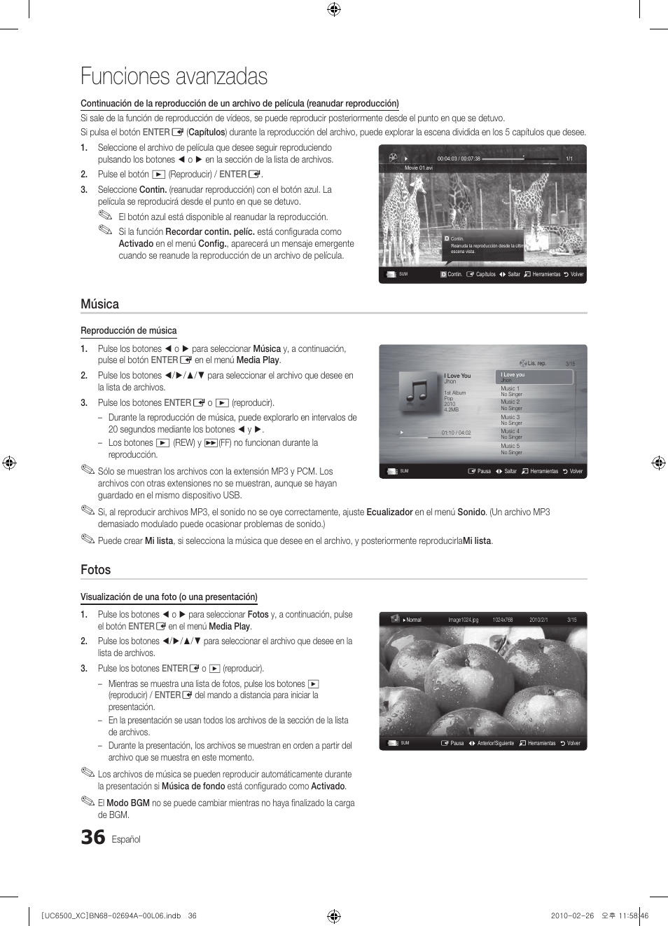 Funciones avanzadas, Música, Fotos | Samsung UE32C6500UW User Manual | Page 152 / 350