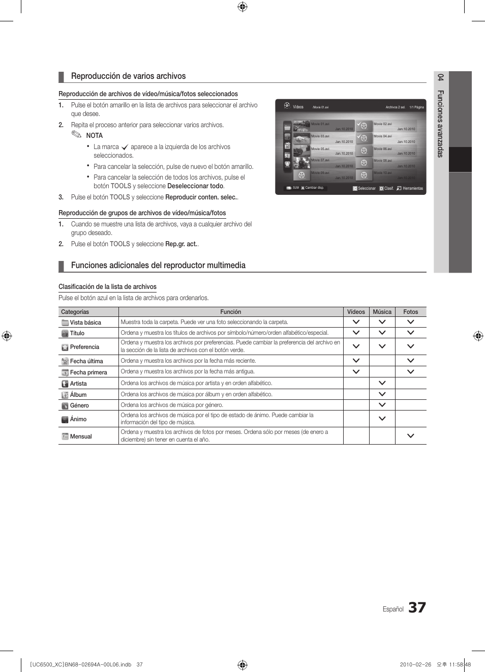 Reproducción de varios archivos, Funciones adicionales del reproductor multimedia | Samsung UE32C6500UW User Manual | Page 153 / 350